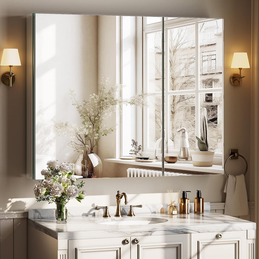 Bathroom Medicine Cabinet with Mirror, 30 Inch x 24 Inch Bathroom Mirror Cabinet with Single Door & Adjustable Shelves, Surface Mount or Recess Installation