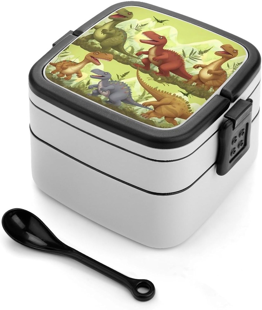 All-in-One Bento Box Stackable Leak-Proof Lunch Box With Carry Handle 2 Layer Portable Meal Prep Container Dinosaurs Lunchbox with Utensils for Dining Out Work, Black