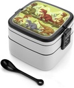 All-in-One Bento Box Stackable Leak-Proof Lunch Box With Carry Handle 2 Layer Portable Meal Prep Container Dinosaurs Lunchbox with Utensils for Dining Out Work, Black