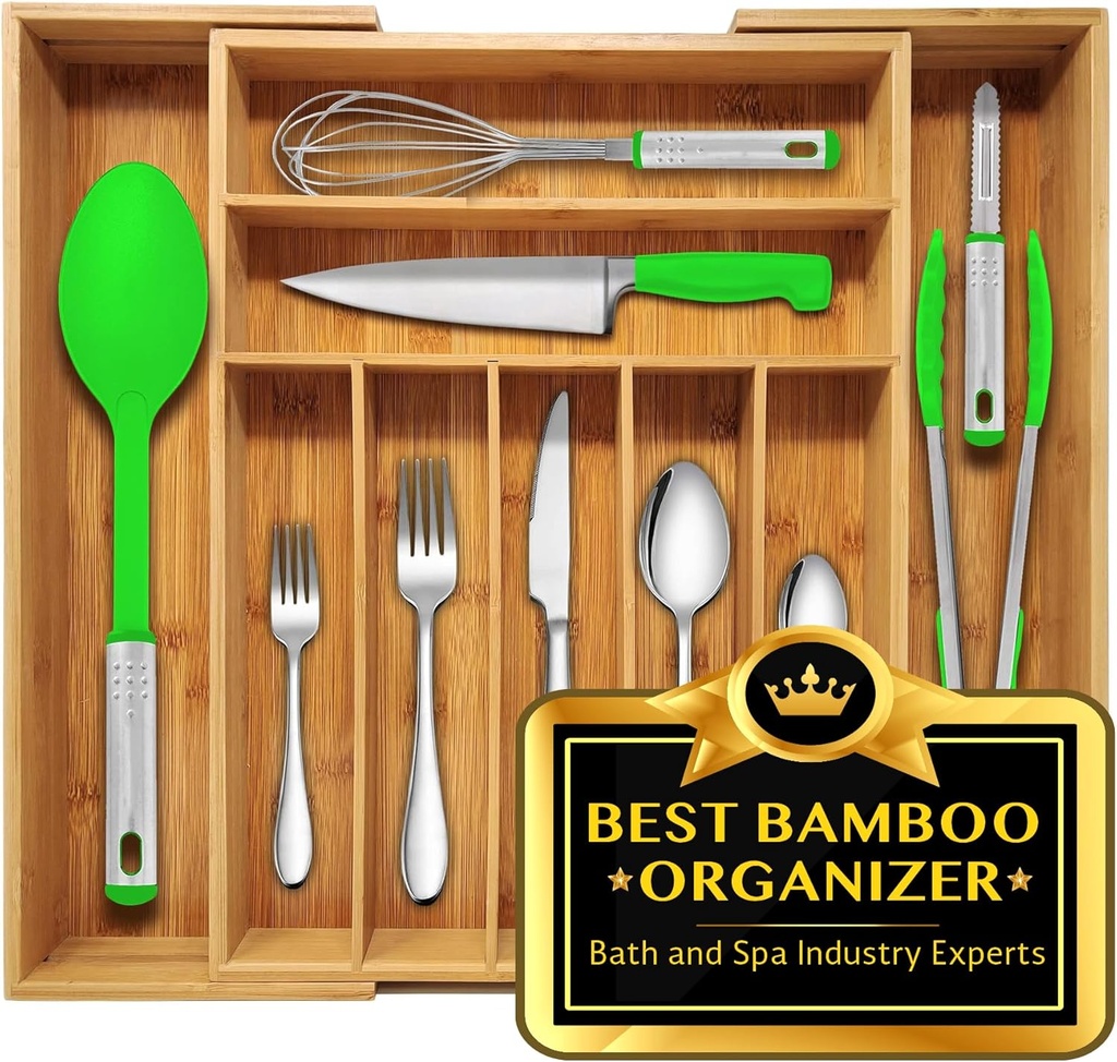 Nature Gear Bamboo Kitchen Drawer Organizer, Expandable Wood Utensil Tray, Adjustable Silverware Organizer with 9 Compartments for Fork, Spoon & Knife Utensils