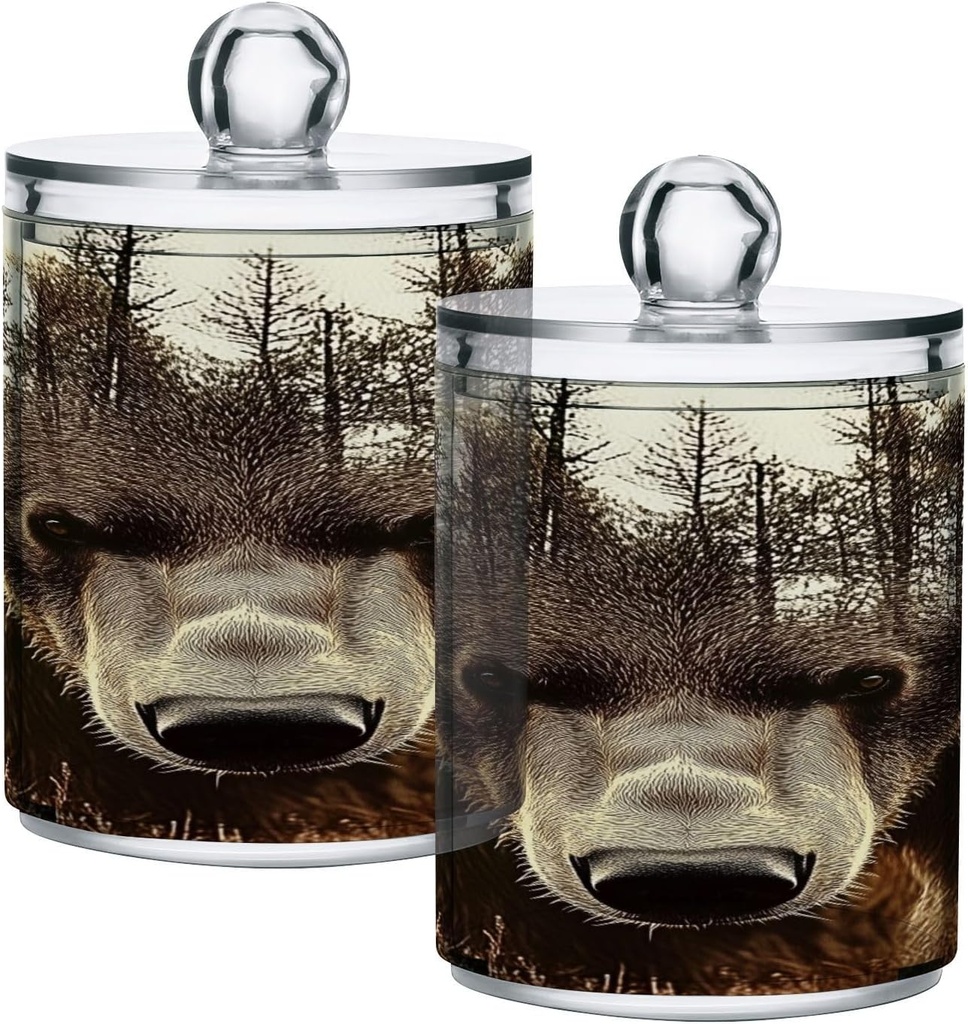 Acrylic Plastic Clear Jar with Lid, Forest Tree Bear Face Airtight Storage Jar 2 Pack Kitchen Storage Containers for Cookie Snack Candy