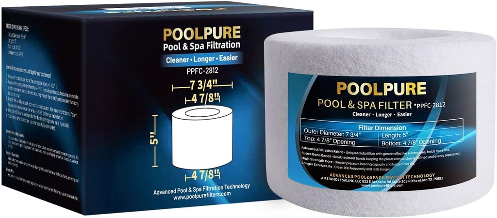 POOLPURE FC-2812 Spa Filter Replaces Sundance 6540-502, Sundance 850 780 Series, Filbur FC-2812, PSD25-6, Darlly PP2002,AK-6540502, Hot Tub Filter Cartridge 1PACK