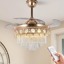 MORE CHANGE 42" Gold Retractable Ceiling Fan with Lights, Luxury Gold Crystal Chandelier Fan 6 Speeds 3 Colors Modern Ceiling Fan for Living Room
