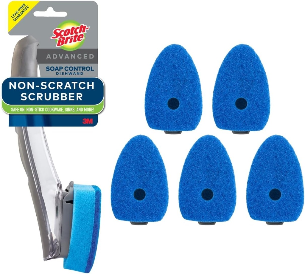 Scotch-Brite Advanced Soap Control Non-Scratch Dishwand Kit, 1 Dish Wand & 5 Sponge Refills, Prevents Soap from Leaking, Leak-Free Guarantee, Best for Nonstick Pots and Pans, Glass, Tubs, & Showers