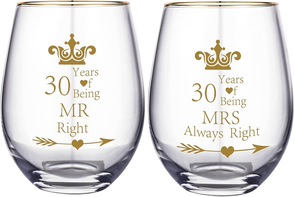 Pack of 2 Wine Glass Mr Right Mrs Always Right Wedding Engagement 30th Anniversary Cups for Couple Parents Tumbler 30 Years Anniversary Present Wine tumbler Cups