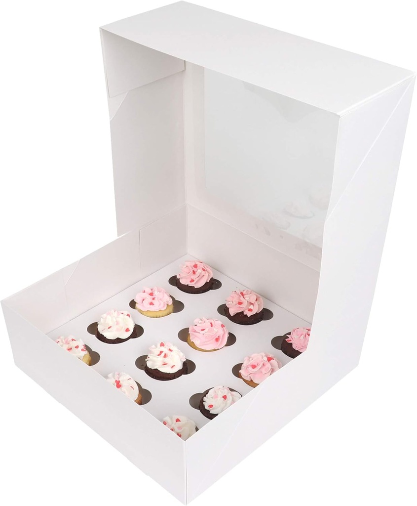 O'Creme 10 Inch x 10 Inch x 4 Inch High Square Cupcake Box All White with Clear Window and Insert for 12 Mini Cupcakes - Pack of 5