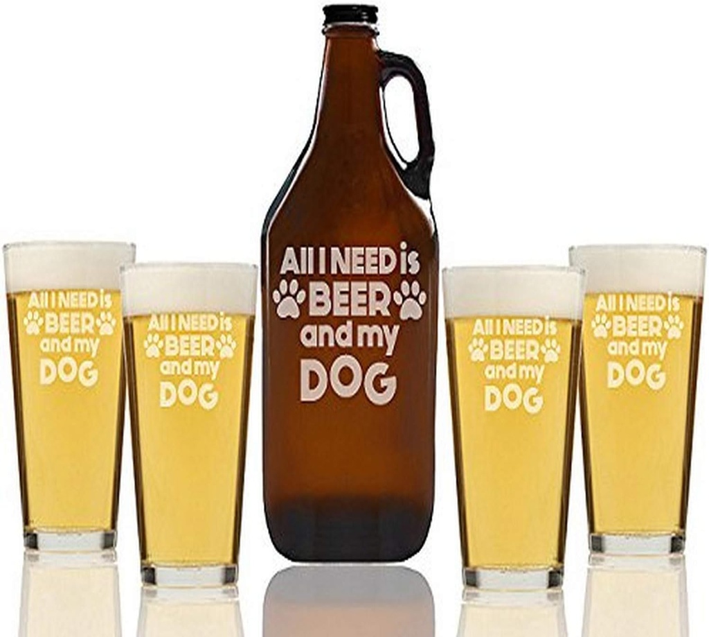 "All I Need Is Beer & My Dog" Beer Amber Growler & pint Glasses, Set of 5