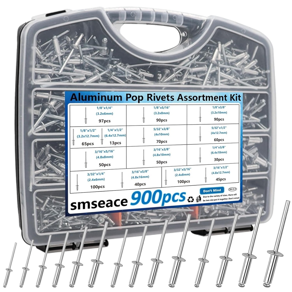smseace 900Pcs Pop Rivets Assortment Kit Packed in Handheld Box 14-Sizes (3/32 inch1/8 inch5/32 inch3/16 inch1/4 inch) Assorted Blind Rivets for Metal,Furniture,Automotive,Instrument