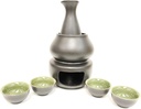 USA MJ TABLE Traditional Japanese Style Sake Set with Warmer This Pottery Sake Set Come Set Includeing 1pc Candle Stove, 1pc Warming Mug,1pc Sake Pot and 4Pcs Sake Bowls Light Green & Dark Black
