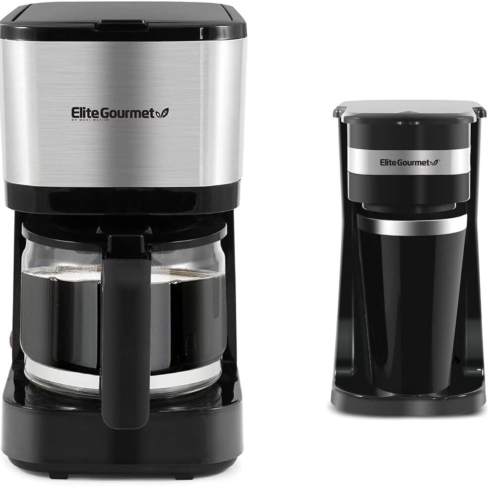 Bundle of Elite Gourmet EHC9420 Automatic Brew & Drip Coffee Maker + Elite Gourmet EHC113 Personal Single-Serve Compact Coffee Maker Brewer Includes 14Oz. Stainless Steel Thermal Travel Mug, Black