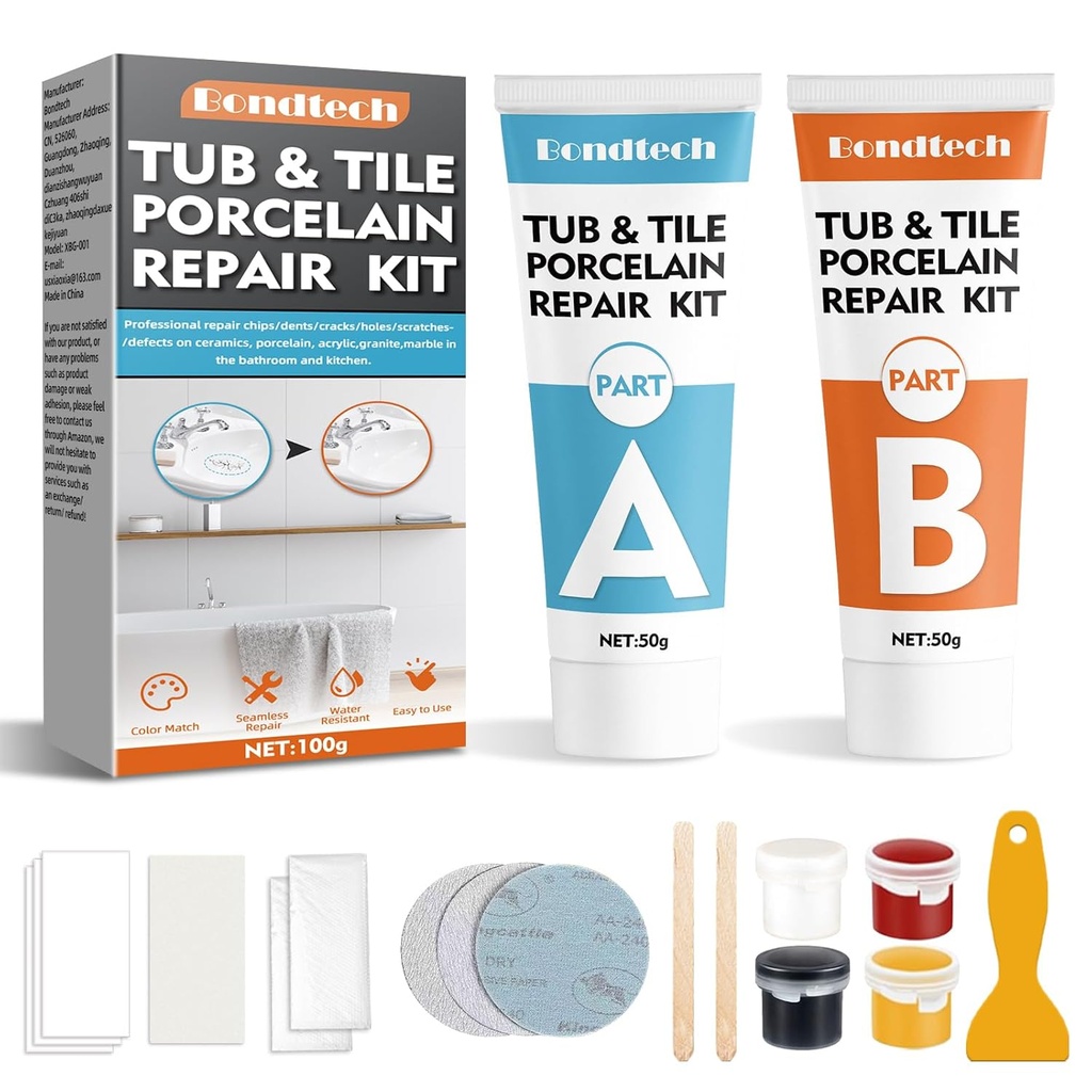 Porcelain Repair Kit, White Bathtub & Tile Repair Kit, for Tub, Enamel, Fiberglass, Acrylic, Porcelain, Ceramic, Marble, Granite, Chips, Dents, Cracks, Hole (newxbg-02)