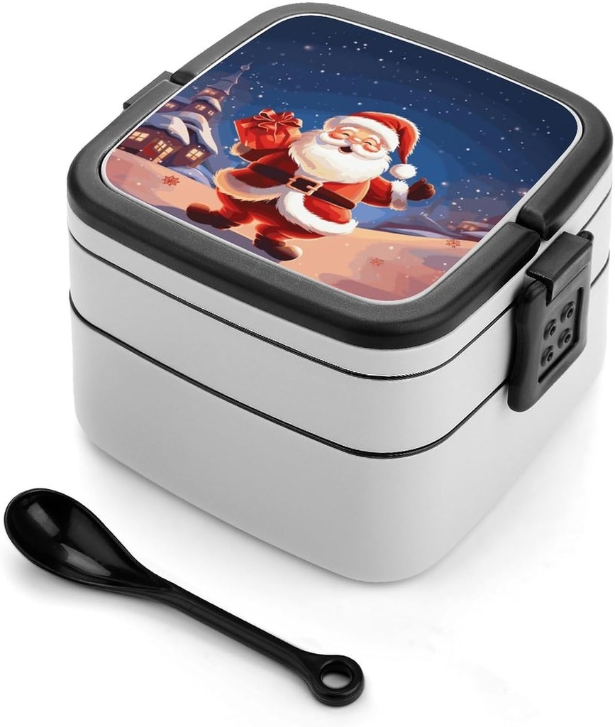 Christmas Santa Claus Bento Box Double-Layer Bento Lunch Container with Spoon And Invisible Handle Adult Leak-Proof Lunchbox for Dining Out Work Picnics Travel