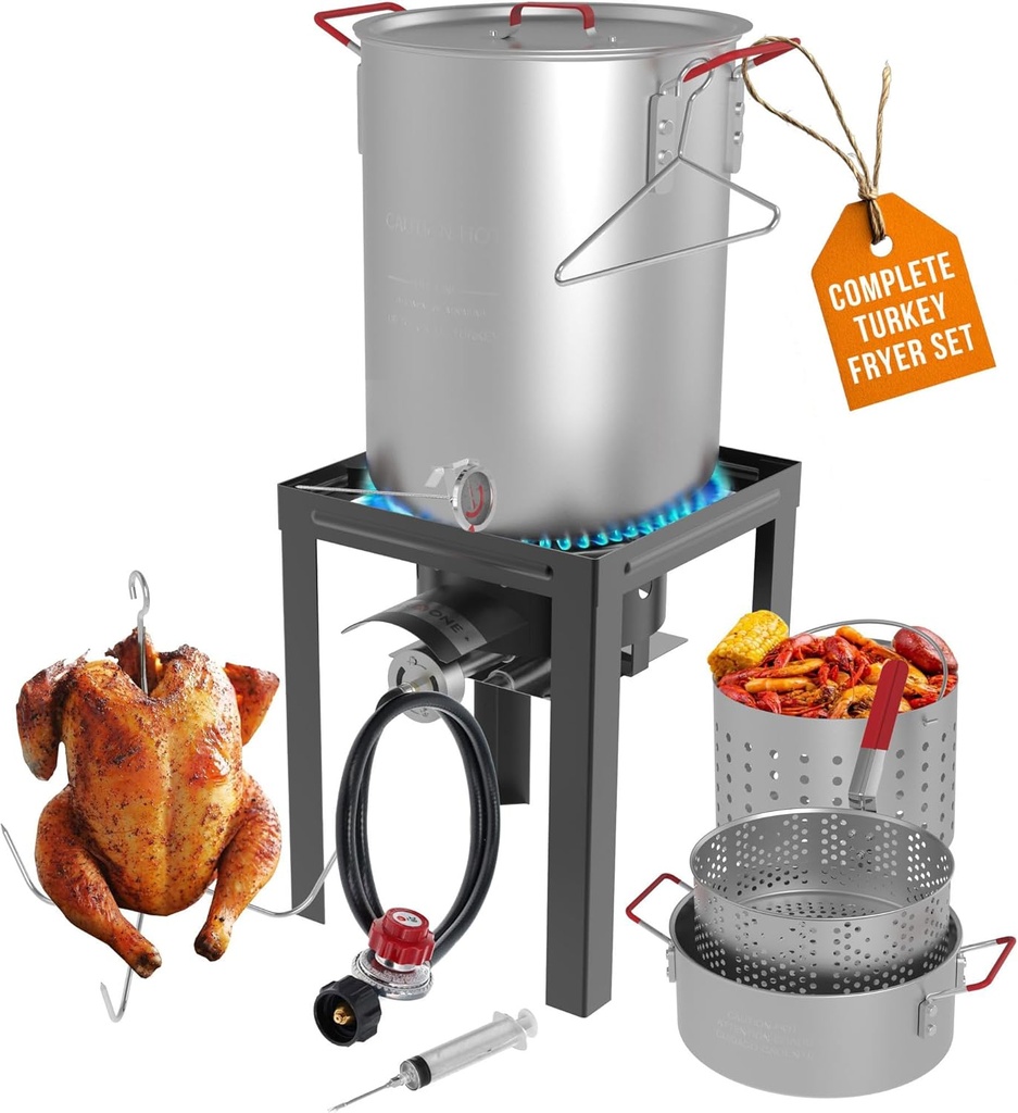 GasOne 30QT Turkey Fryer and 10QT Fish Fryer Set, Seafood Boil Steamer, Crawfish Boiler, Outdoor Cooker for Crab, Shrimp, Lobster, Complete Black Fryer Kit for Holiday and Seasonal Cooking