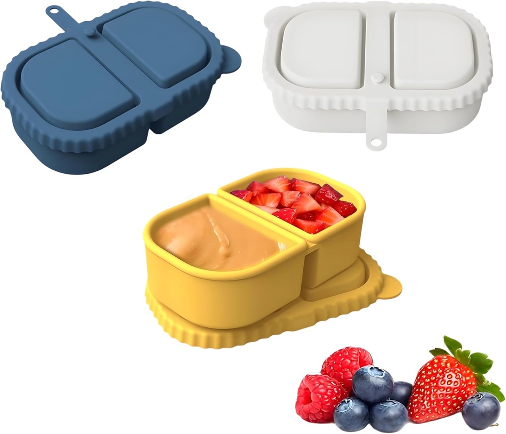 3-Pack Reusable Snack Containers with Lids, Silicone Double Compartment Snackle Box Container for Travel, Office, Picnic (Yellow, Blue, Cream) (3)