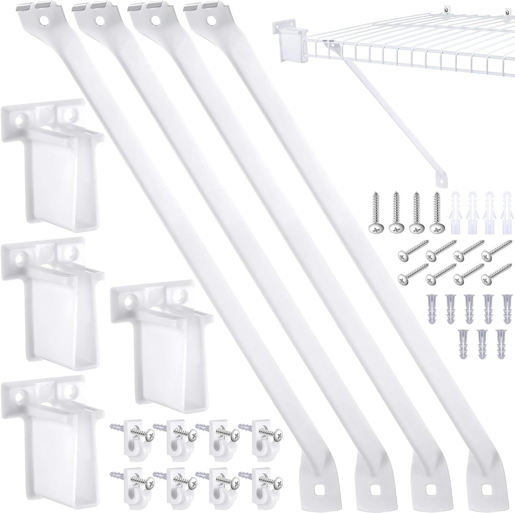Hicarer 16 Pcs Wire Shelf Support Brackets Kit for 16 Inch, Include 4 Mental Closet Support Brace 8 White Down Wall Clips and 4 Wire Shelf End Brackets with Screws for Wardrobe
