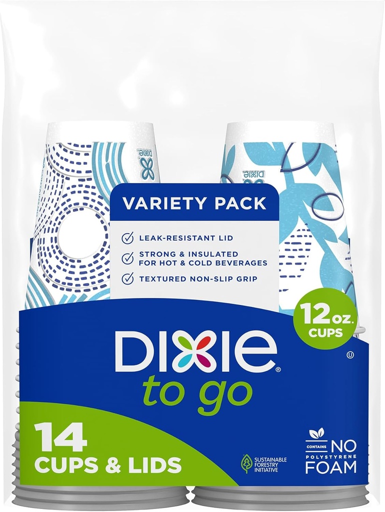 Dixie To Go Paper Coffee Cups With Lids, 12 oz, 14 ct, Disposable Insulated Paper Cups for On-The-Go Hot or Cold Beverages