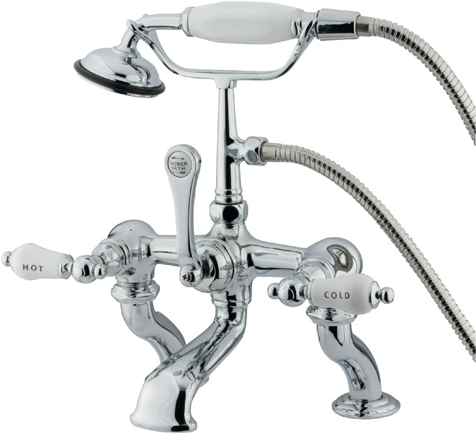 Kingston Brass CC414T1 Vintage Deck Mount 7-Inch Spread Tub Filler with Hand Shower, H&C Porcelain Lever Handle, Polished Chrome