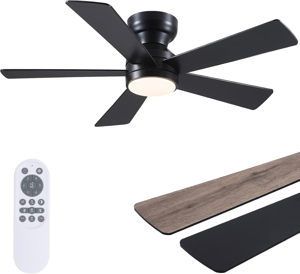 Black Ceiling Fans with Lights - 46" Flush Mount Ceiling Fan with Remote and 5 Reversible Blades, 3CCT Dimmable, 6 Wind Speeds&2H Timer, Indoor Low Profile Fan Light Fixture for Modern Bedroom