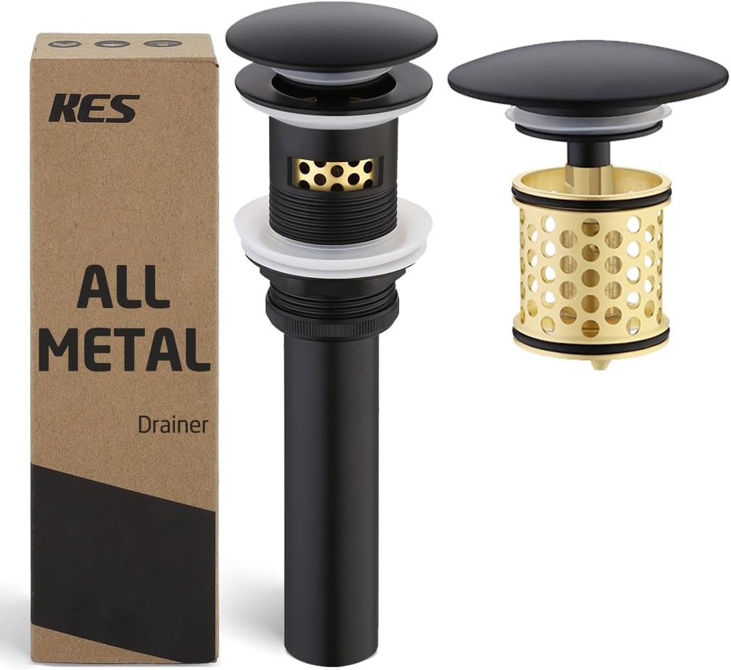 KES Bathroom Sink Drain with Overflow, All Metal Pop Up Drain for Bathroom Sink Stopper with Strainer Basket Hair Catcher Anti Clog Rustproof Matte Black, S2018A-BK
