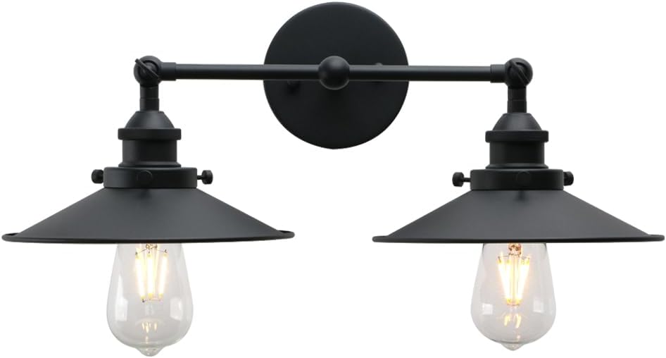 Phansthy Vintage Industrial Farmhouse Wall Sconces, Matte Black 2-Light Kitchen Wall Lighting, Bathroom Vanity Light Fixtures with 8.5 Inches Cone Metal Lampshade (2 Light Black)