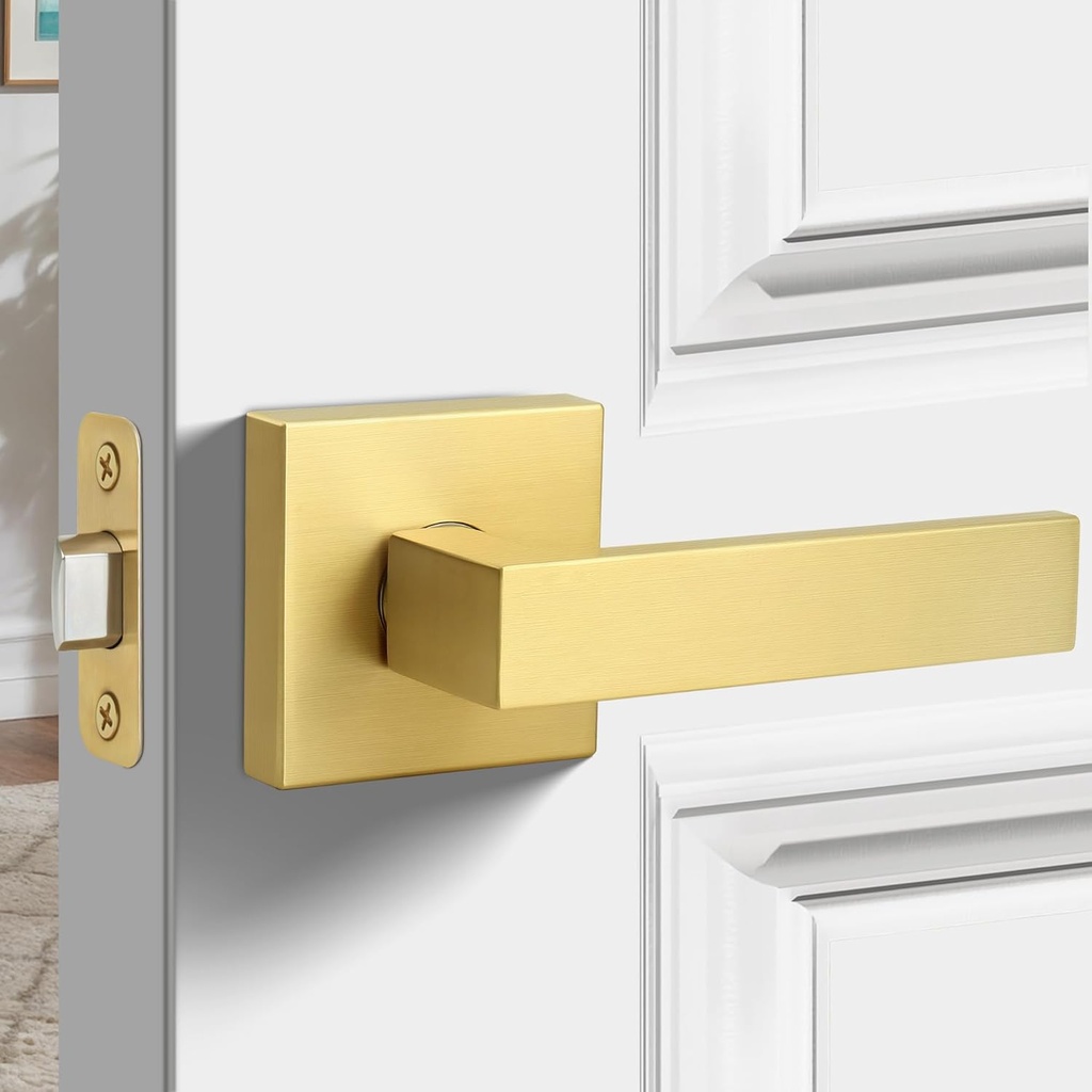 Passage Door Handle, Brushed Gold Door Handles, Heavy Duty Passage Function Door Lever,Reversible Square Door Lever for Hallway or Closet,Satin Brass