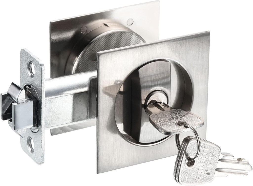 PATIKIL Pocket Door Lock with Keys, Invisible Recessed Handle Latch, Square Entry Privacy Sliding Door Lock for Barn Door Wood Furniture Hardware, Silver