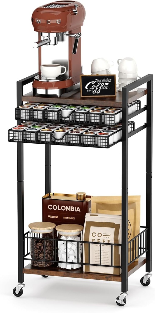 Miratino Coffee Bar Stand Station Cart, Coffee Pod Holder Drawer for 84 Coffee Pods Storage, Coffee Cart with Wheels, Stylish Home or Office Coffee Bar Station Organizer, Rustic Brown