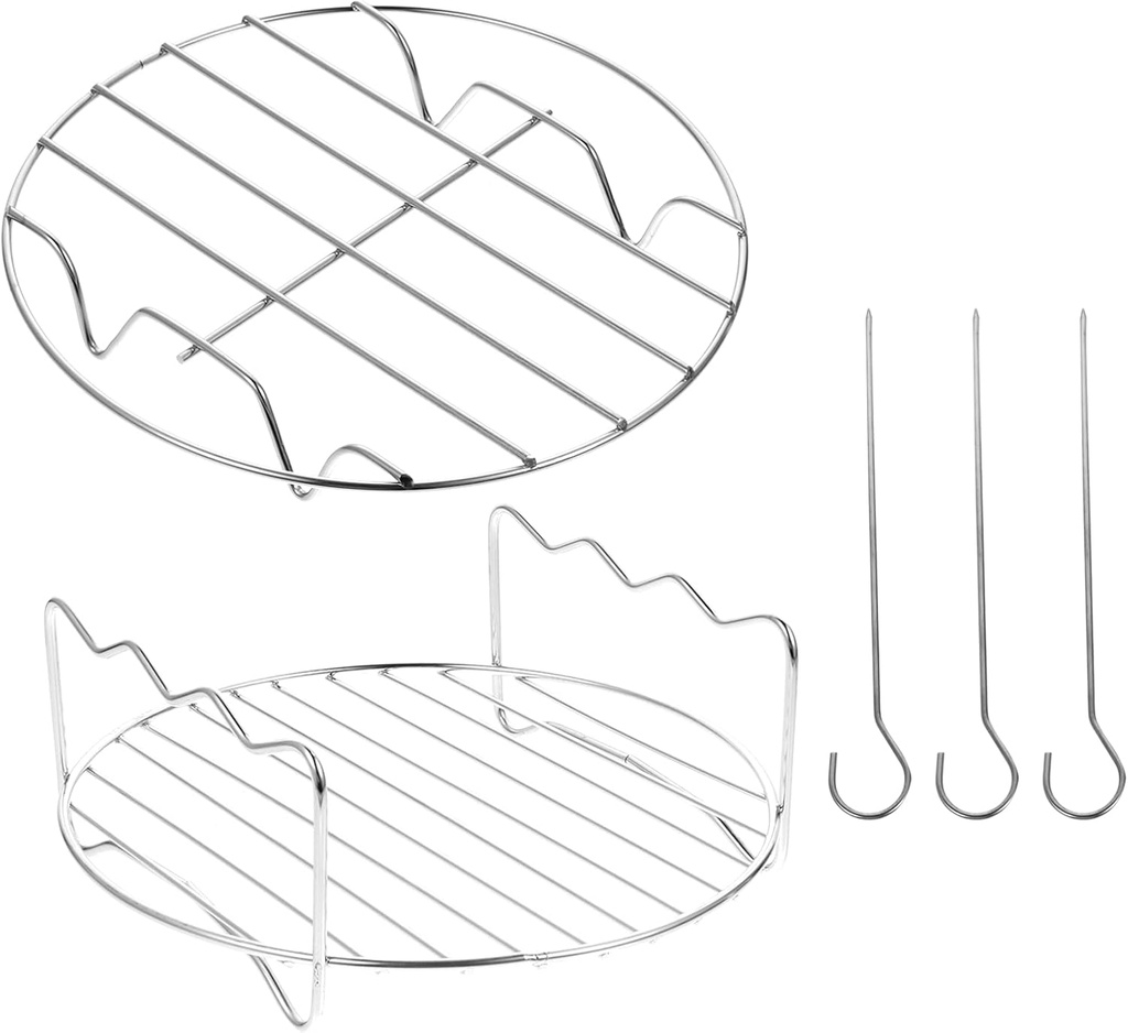 DOITOOL 2pcs Round Air Fryer Rack 7in Dual- layer Dehydrator Rack with Skewer Stainless Steel Tray Baking and Cooling Steaming Rack Basket