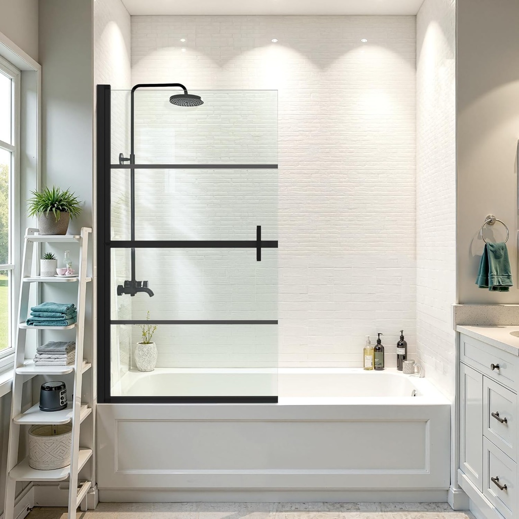 31.5''W×55''H Pivot Bathtub Door Screen Panel Shower Door 180° Swing Pivot Door, 1/4" Thickness Tempered Glass, Easy to Clean & Install, Black
