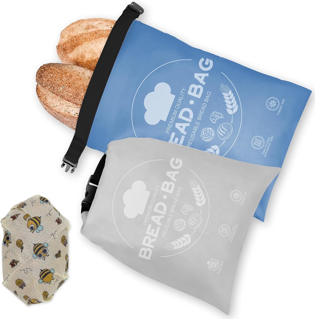 Bread Bags for Homemade with Beeswax Wrap - Zipper Reusable Bread Bag for Sourdough 2-Pack, Large Reusable Food Storage Bag to Keep Sourdough Fresh, Freezer-Safe, Eco-Friendly (Orange&Grey)