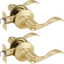 2 Pack Satin Brass Door Handle, Keyless Interior Privacy Door Lever(Thumb Turn Inside Lock) for Bedroom Bathroom, Wave Handle for Right Handing Doors