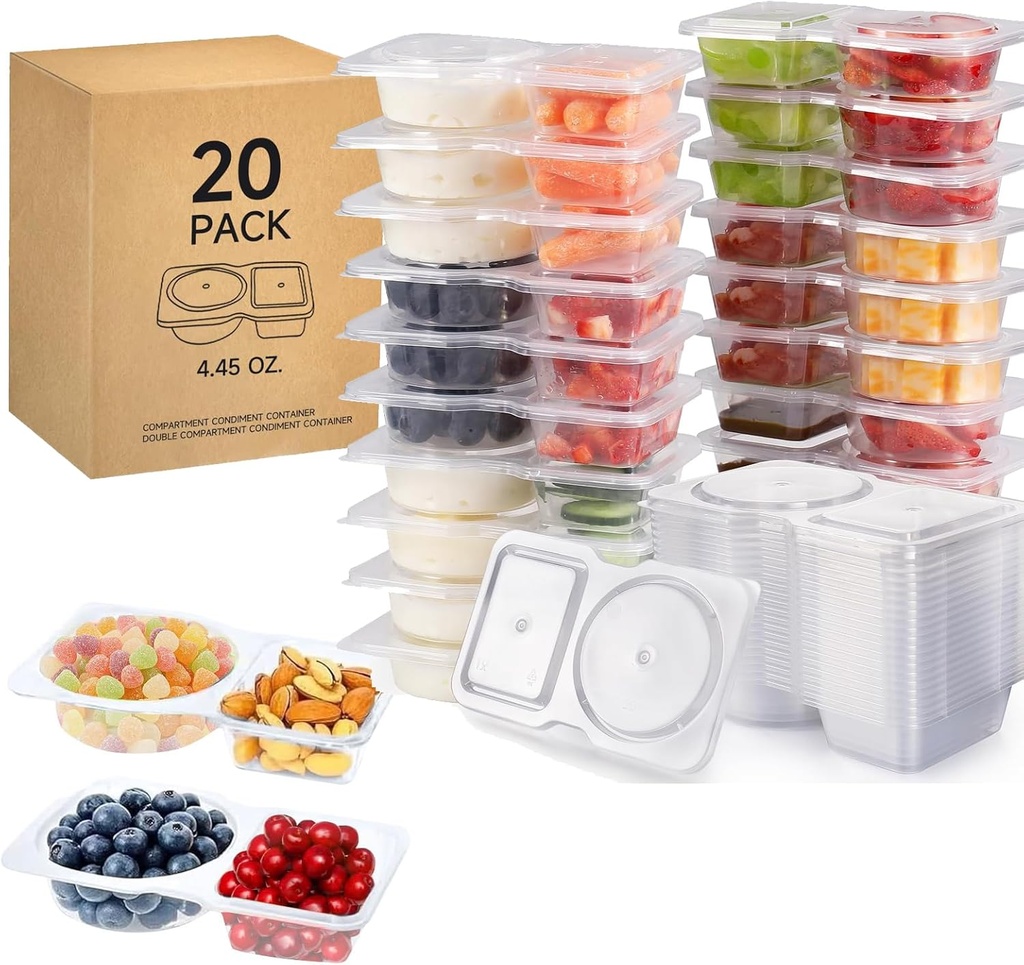 20 Sets Reusable Snack Containers with Lids,2-Compartment Condiment & Dip Container for Refrigeration,Take-Out Sauces,Portion Control,Meal Prep,Leakproof BPA-Free,Small Snack Pack Box for Adult Kid