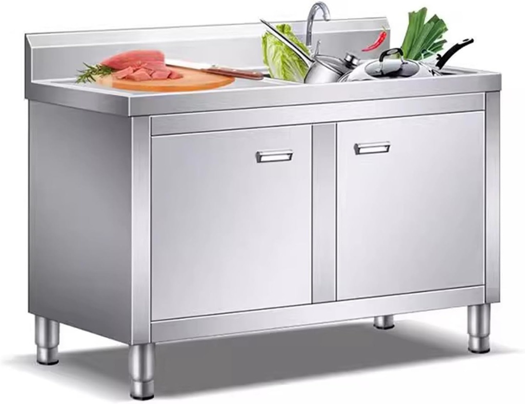 Commercial Kitchen Sinks 304 Stainless Steel Household Dishwashing Sink Washbasin Large Capacity Storage Cabinet Double Door Design with Operating Platform Adjustable Feet ( Size : 120x60x80cm/47.2x23