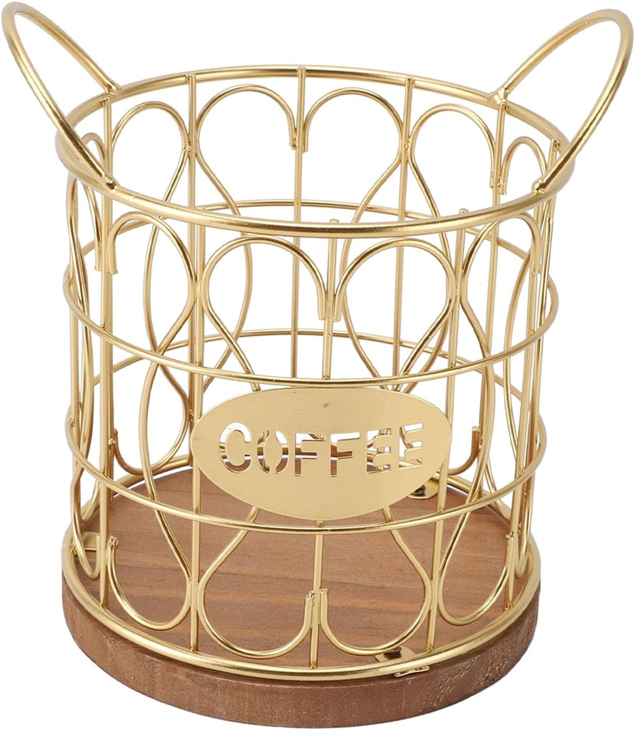 Coffee Pod Holder, Modern Round Wire Coffee Basket with Wooden Base, Metal Espresso Pod Organizer Coffee Pods Holder Organizer for Cafe, Kitchen, Countertop, Pantry, Office (Gold)