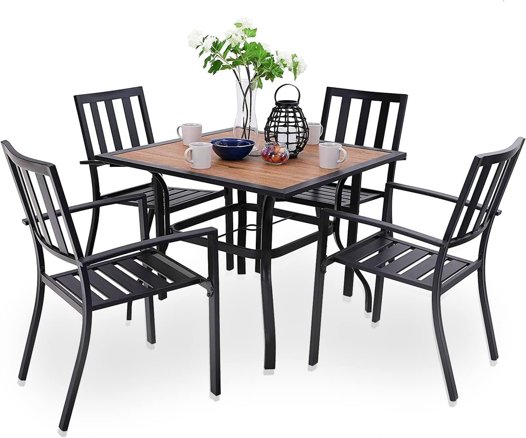 PHI VILLA 5 Piece Outdoor Dining Set for 4, 37” Metal Steel Dining Table with Wood-Like Tabletop & Stacking Wrought Iron Chairs for Patio, Deck, Yard