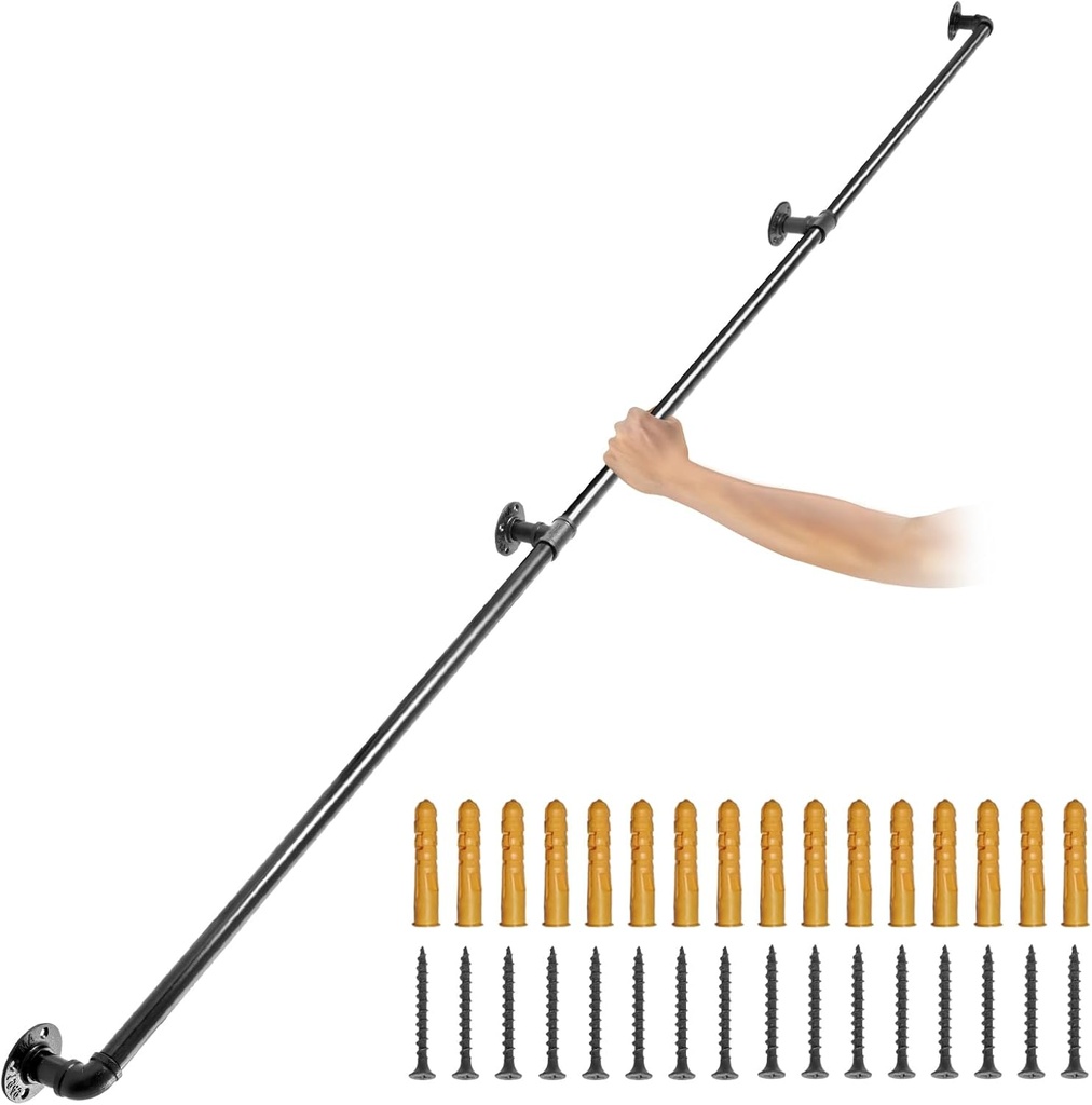 VEVOR Pipe Stair Handrail, 10FT Staircase Handrail, 440LBS Load Capacity Carbon Steel Pipe Handrail, Industrial Pipe Handrail with Wall Mount Support, Round Corner Wall Handrailing for Indoor, Outdoor