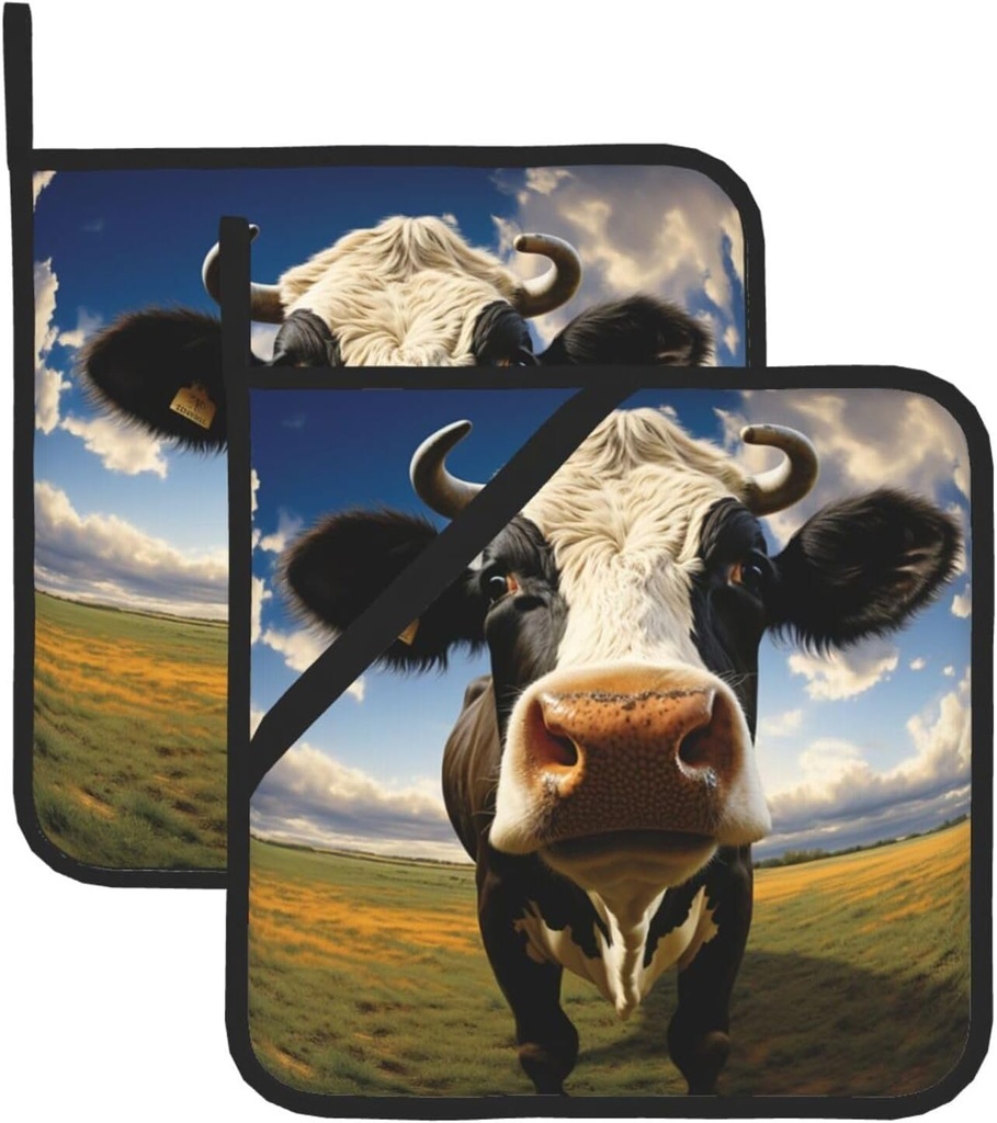 Prairie Cow Pot Holders Set of 2,Heat Resistant Kitchen Potholder Non-Slip Cotton Lining Oven Hot Pads for Microwave Cooking Baking BBQ