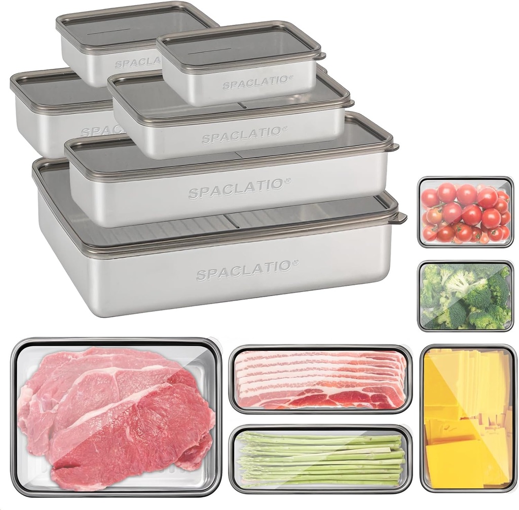 6 Pack Bacon Cheese Container for Refrigerator, 304 Stainless Steel Airtight Deli Meat Storage Containers with Lids for Fridge, Dishwasher Safe Food Organizers for Fridge 4 Size Container Sets