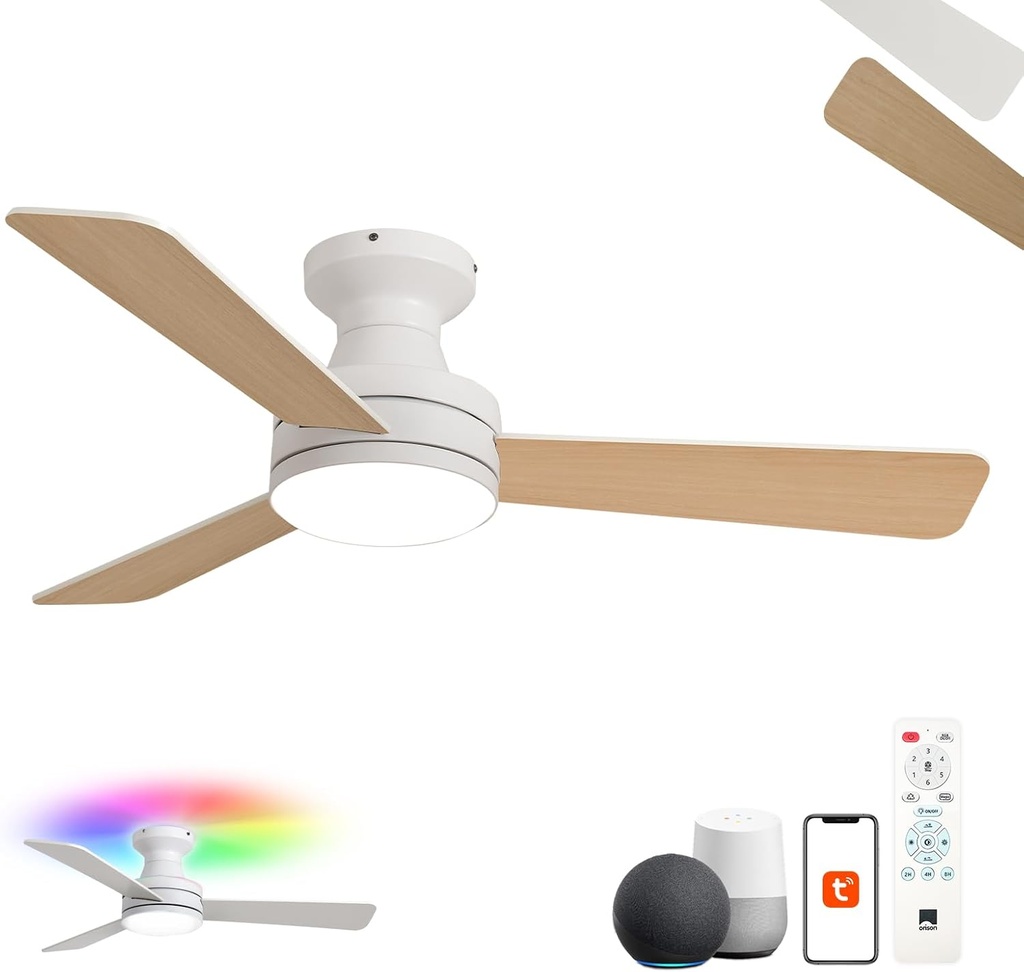 Orison Ceiling Fans with Lights – 42" Low Profile Flush Mount, Smart RGB Backlight & Dimmable LED, Alexa & Google Compatible, 6-Speed Reversible, App & Remote Control, Quiet & Energy Saving, White