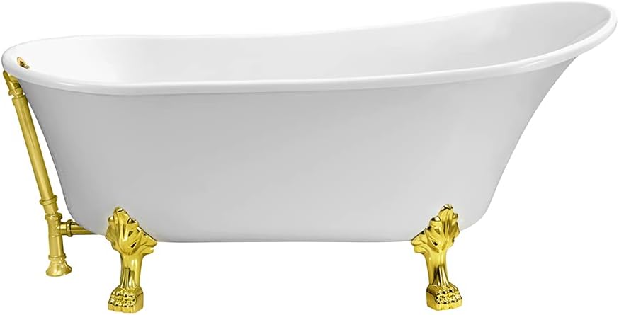 Streamline 55" Clawfoot Soaking Bathtub – Glossy White Acrylic Tub with Polished Gold External Drain – Modern Oval Design with Bamboo Tray – 60 Gallon Capacity