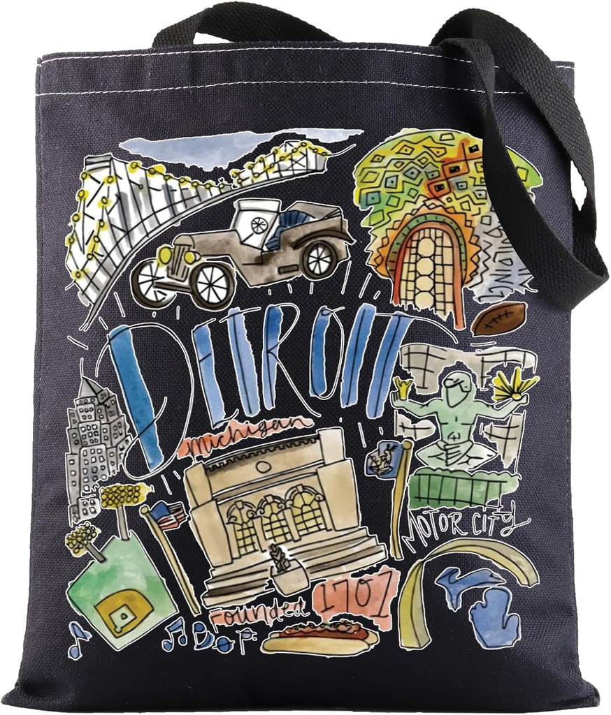 G2TUP Detroit Michigan Travel Tote Bag - Trip Souvenir Gift With Landmarks Shoulder Bag - Detroit Merch