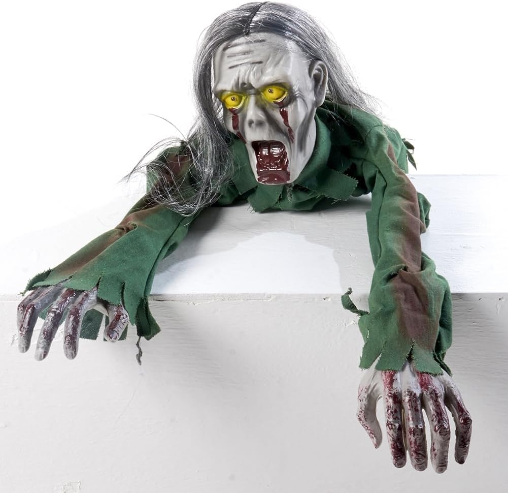 Halloween Scary Yard Decorations, Scary Long Hair Glow Crawling Ghost, Outdoor Ghost with Horror Sound and Glowing Eyes, Halloween Bar Haunted House Party Props