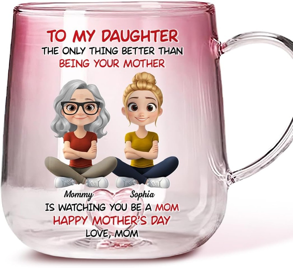 Wrappiness Personalized Pink Gradient Glass Mug Gift for Daughters – To My Daughter Cartoonized Cup – Custom Mothers Day Heartwarming Mother Daughter Mug Birthday