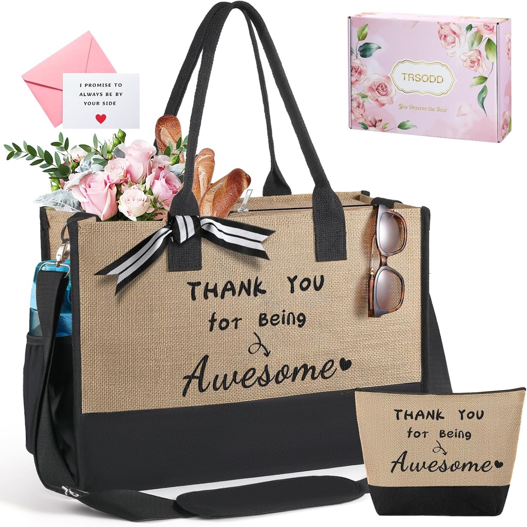 TRSODD Birthday Retirement Gifts for Women Personalized Gifts for Friend Sister Bridesmaid Teacher Jute Tote Bag and Makeup Bag