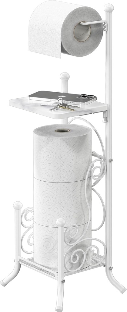 Simple Houseware English Style Bathroom Toilet Tissue Roll Holder Stand with Shelf, White