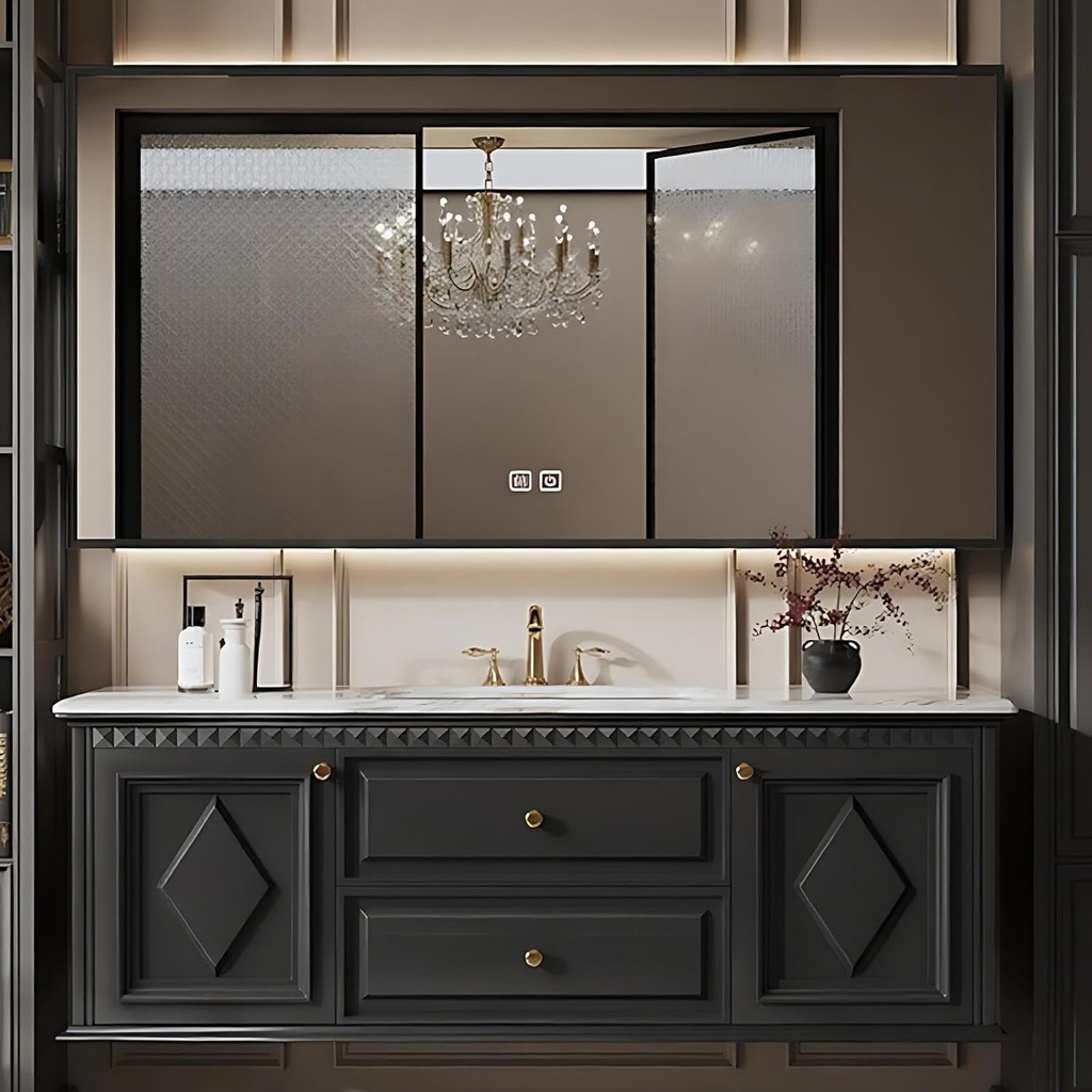 64 inch Bathroom Vanity - Solid Wood Bathroom Vanity with Sink and Smart Defog Mirror Cabinet, One-Touch defog ＆ Lighting, Floating Sink Cabinet with 2 Drawers