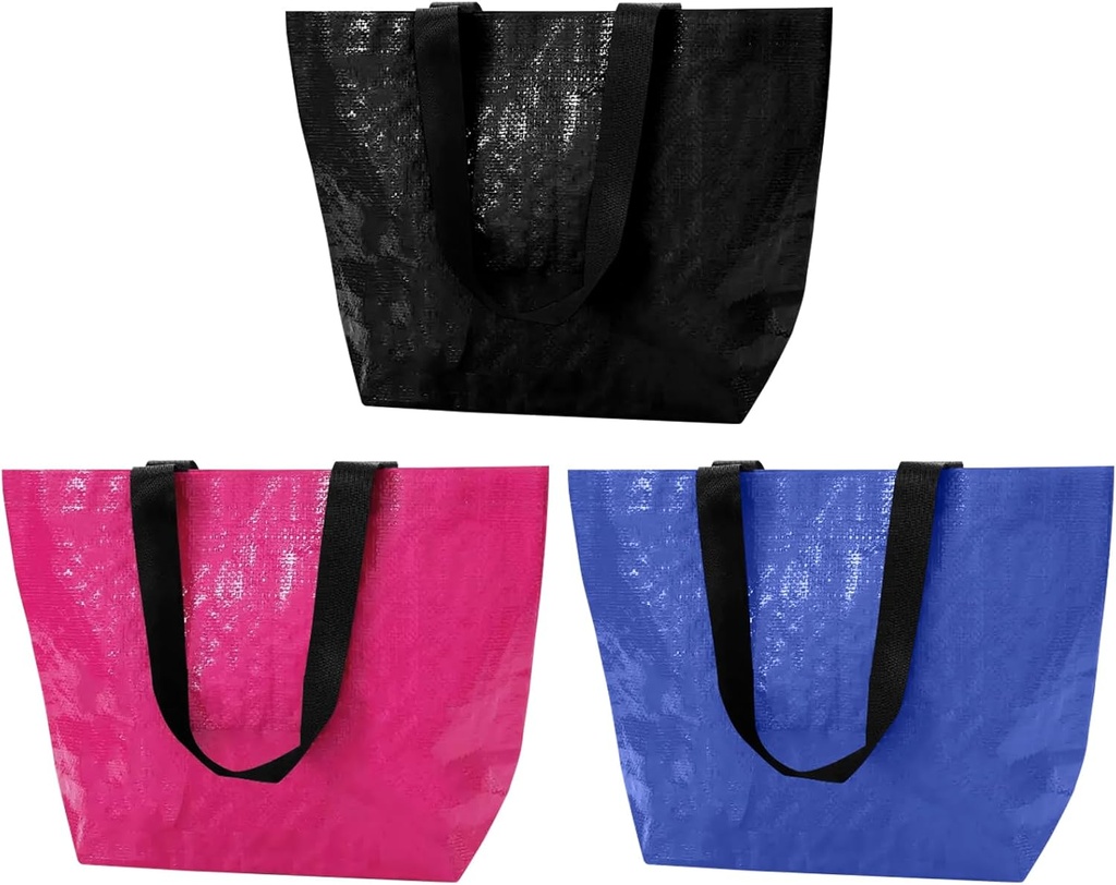 3 Pcs Large Reusable Grocery Bags,Heavy Duty Woven Plastic Waterproof Shopping Bags,Easy to Clean Tote Bags,Black, Blue, Rose Red