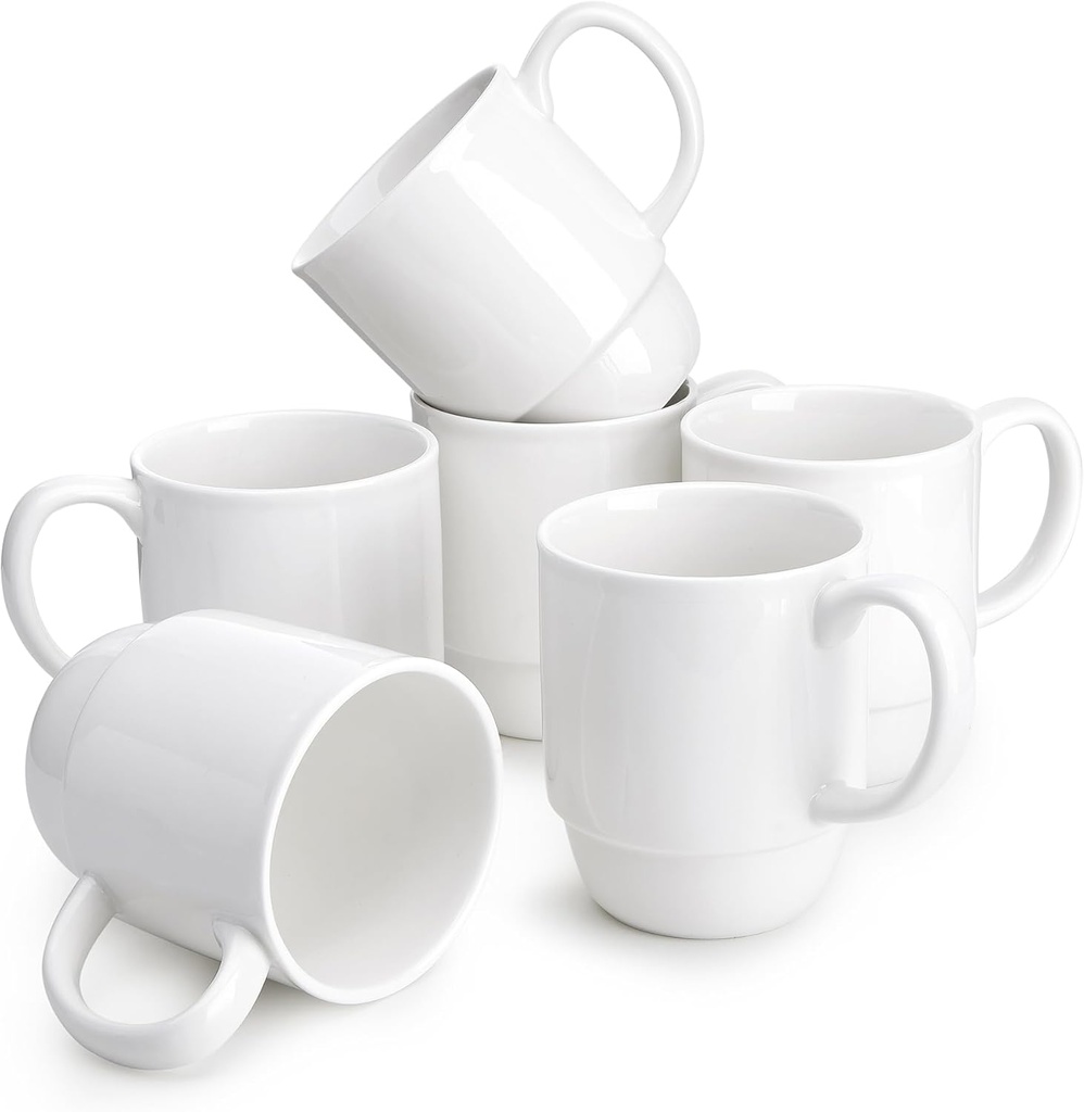 Sweese 21 Oz Large Mug Set, Porcelain Stackable Mugs Sets of 6, Coffee Cups with Handle for Coffee, Tea and Mulled Drinks, White