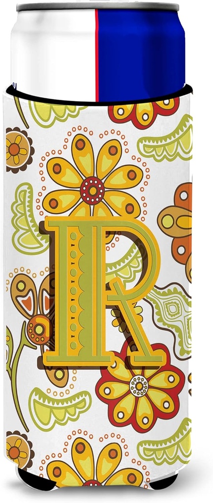 Letter R Floral Mustard and Green Ultra Beverage Insulators for slim cans