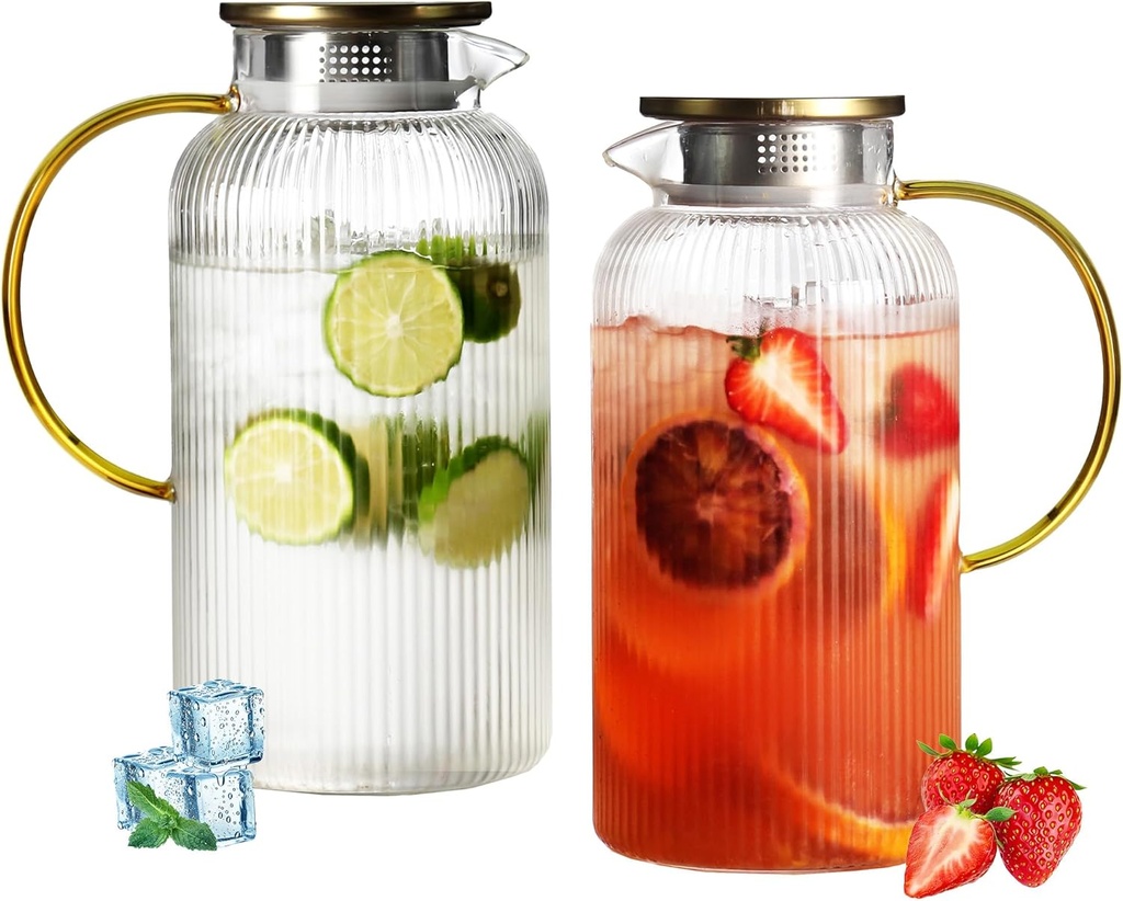 Glass Water Pitcher with Lids and Handles, Hot and Cold Water Bottles, Heat-Resistant Borosilicate Glass Water Jugs, Used for Cold Brewed Tea, Coffee, Lemonade, and Homemade Beverages(2.5L 2PCS)